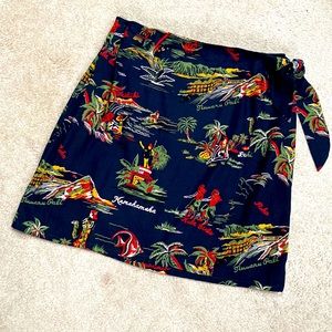 HILO HATTIE Cotton Linen Hip Hugger mini wrap skirt MADE IN HAWAII. 19” long
